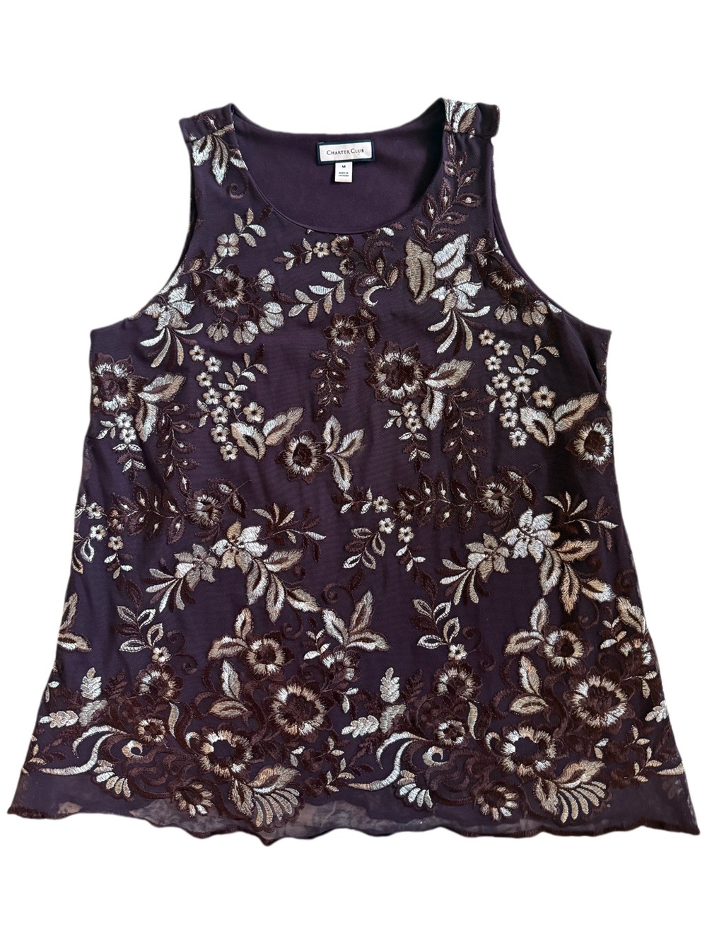 Charter Club Plum Tank with Metallic Floral Embroidery